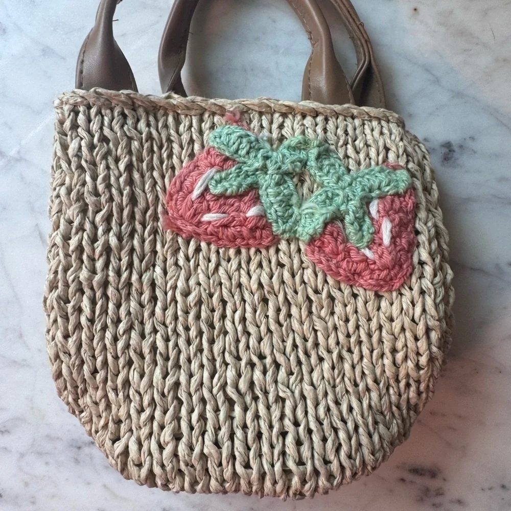 Toddler Straw Tote Bag with Strawberry Embroidery